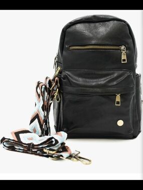 Black Women's Backpack with Detachable Patterned Strap